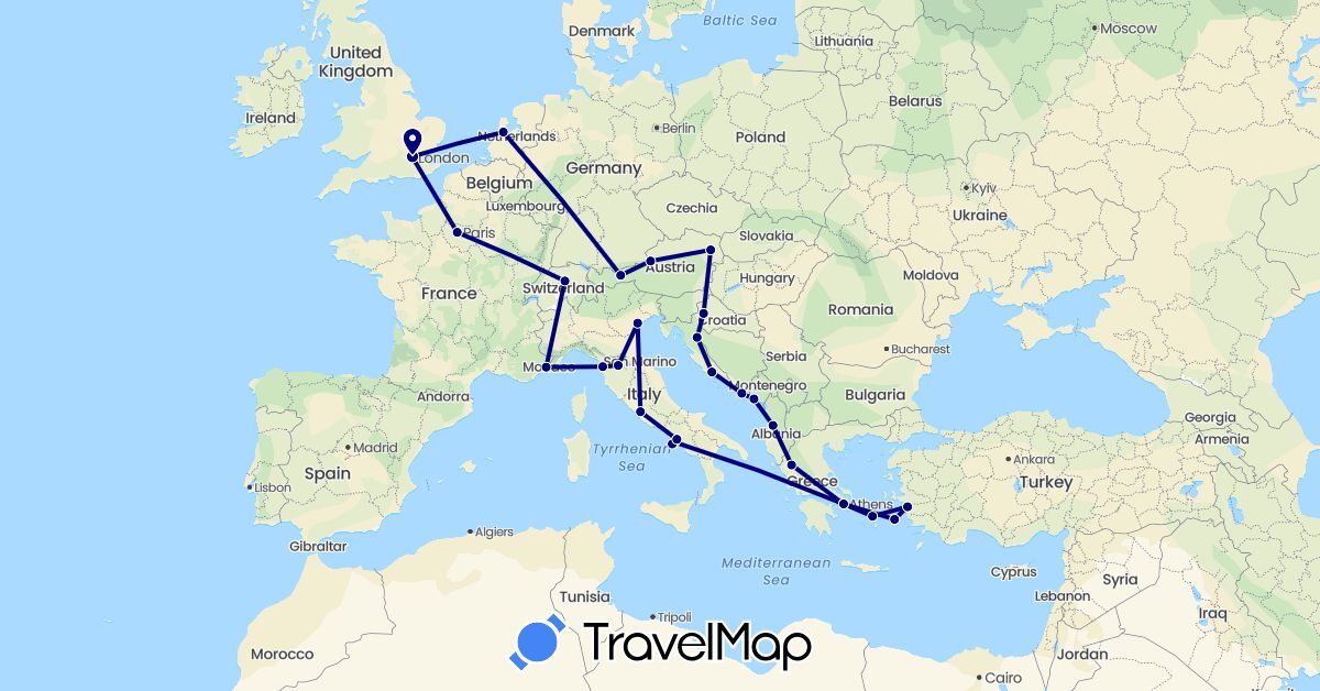 TravelMap itinerary: driving in Albania, Austria, Switzerland, France, United Kingdom, Greece, Croatia, Italy, Montenegro, Netherlands, Turkey (Asia, Europe)